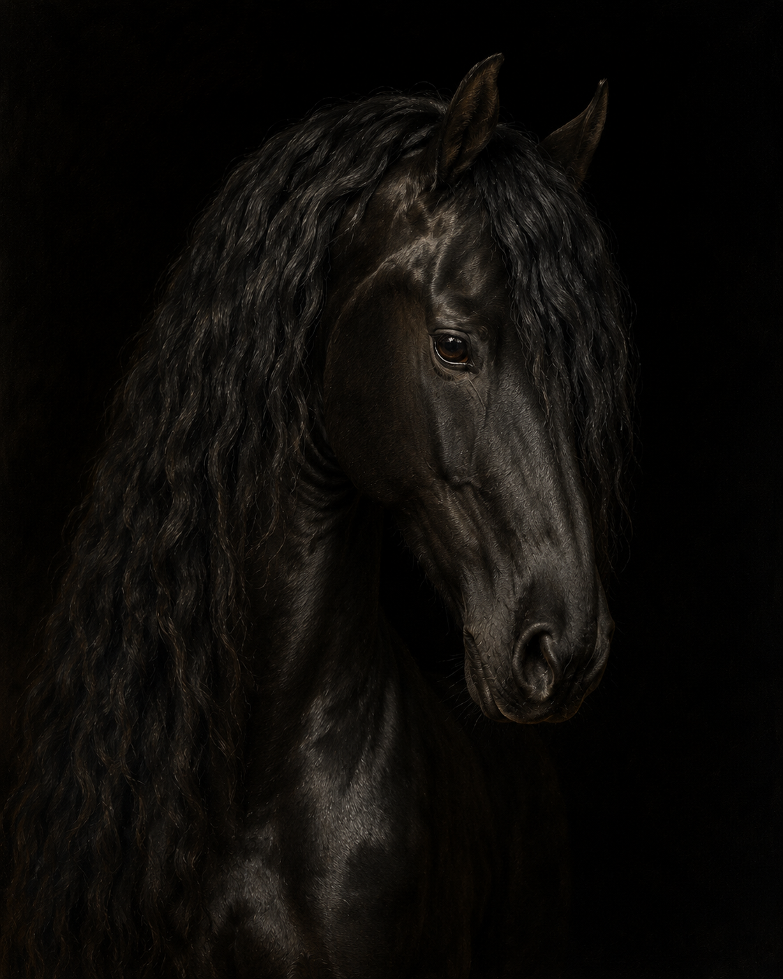 Black Friesian horse photographed against a black background in a fine-art equestrian portrait