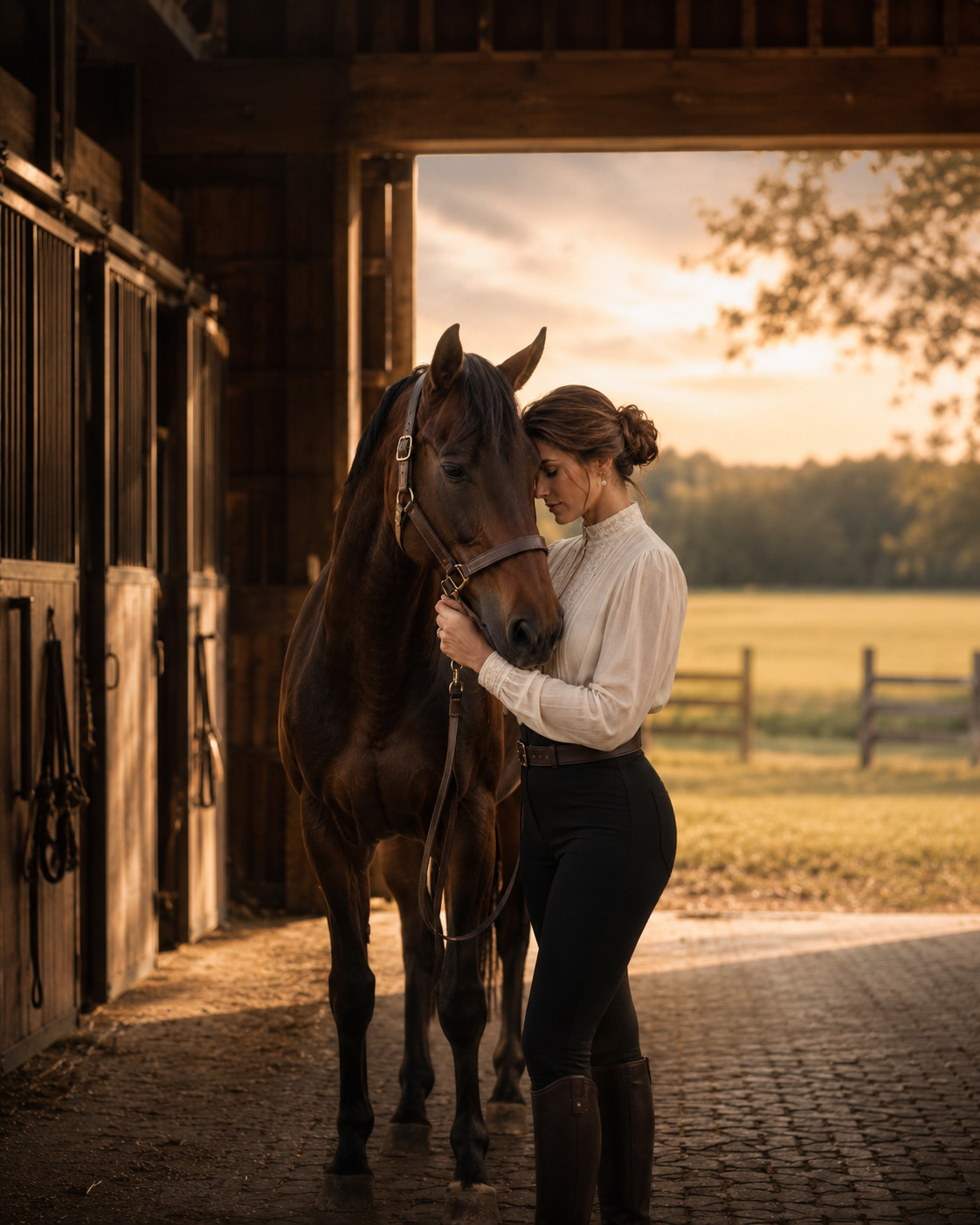 Horse and rider sharing a quiet moment inside a barn doorway