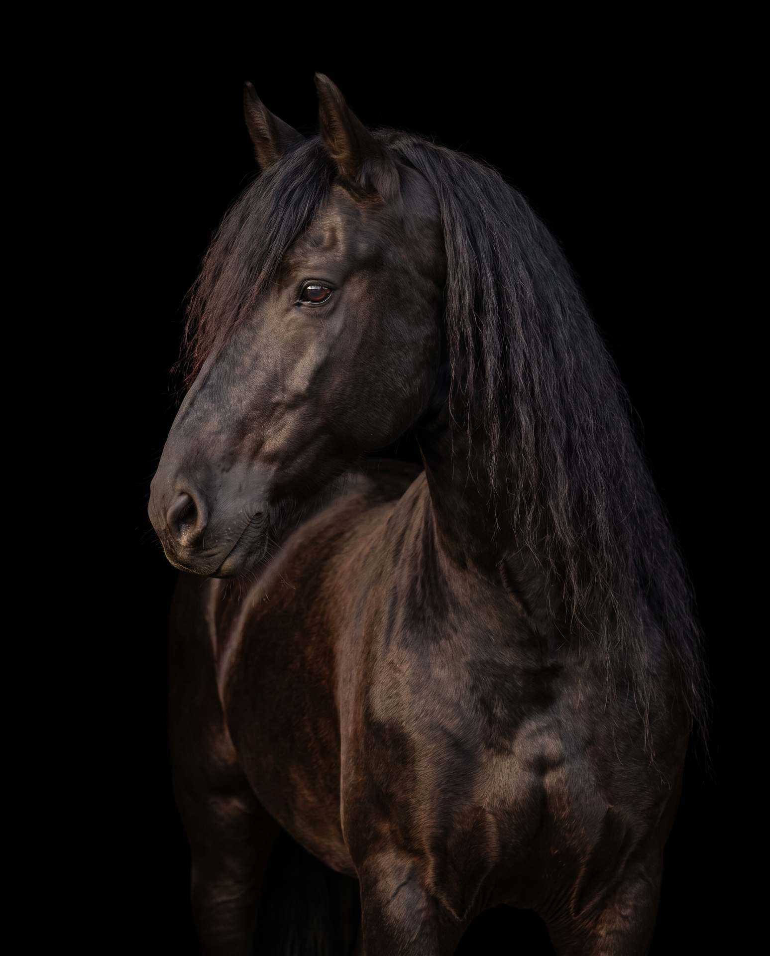 Black Friesian horse standing against a black background in a fine-art equestrian portrait