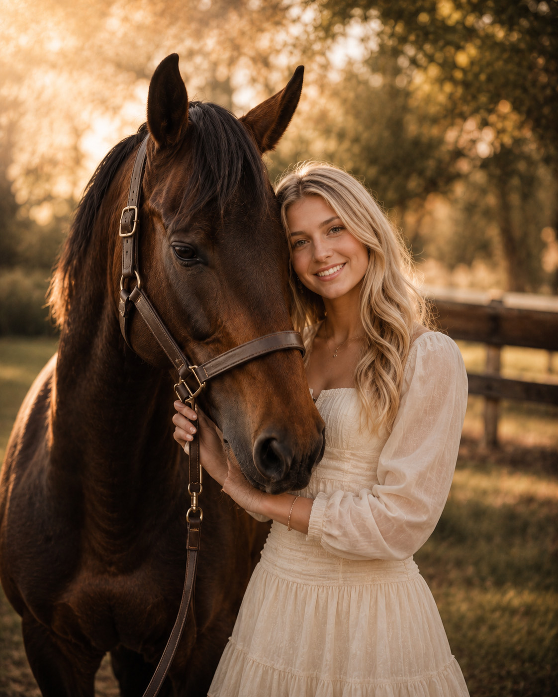 Horse owner standing closely beside her horse in a quiet outdoor portrait