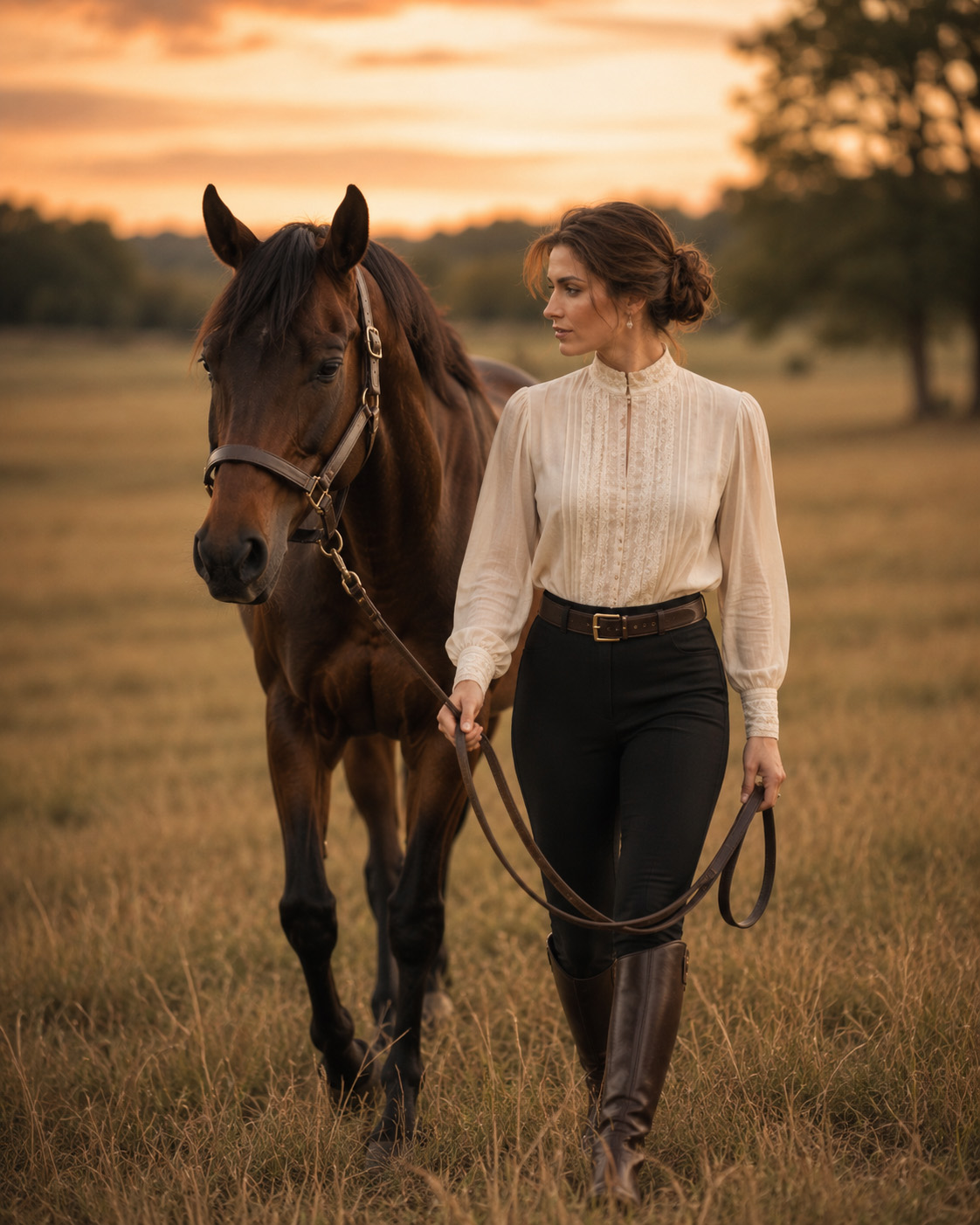 Woman walking beside her horse in an open field