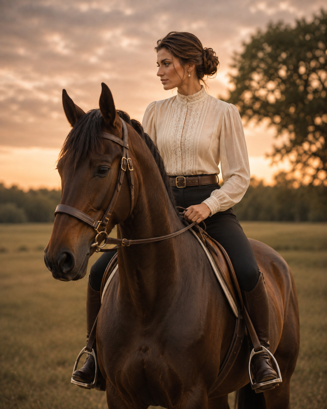 Mounted rider photographed with her horse in an outdoor field